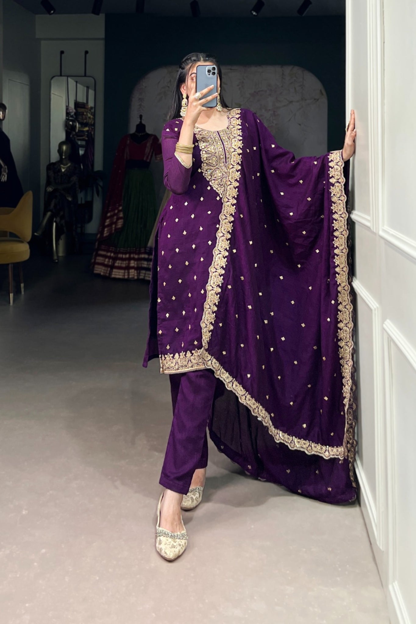 Vichitra Silk Embroidered Kurta With Dupatta & Bottom