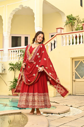 Red Embroidered Wedding Gown With Dupatta