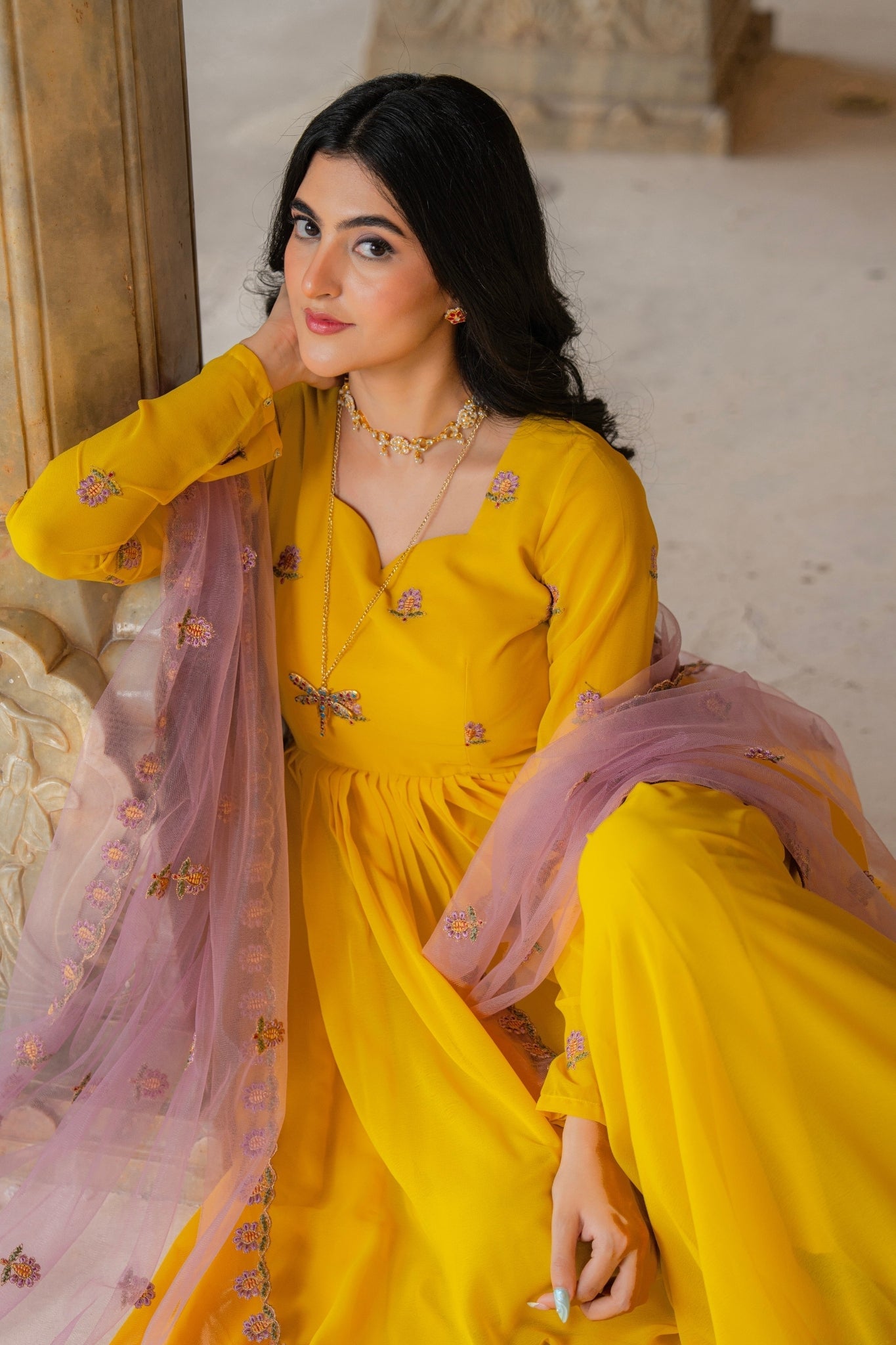 Radiant Yellow Embroidered Georgette Anarkali Gown With Contrasting Dupatta