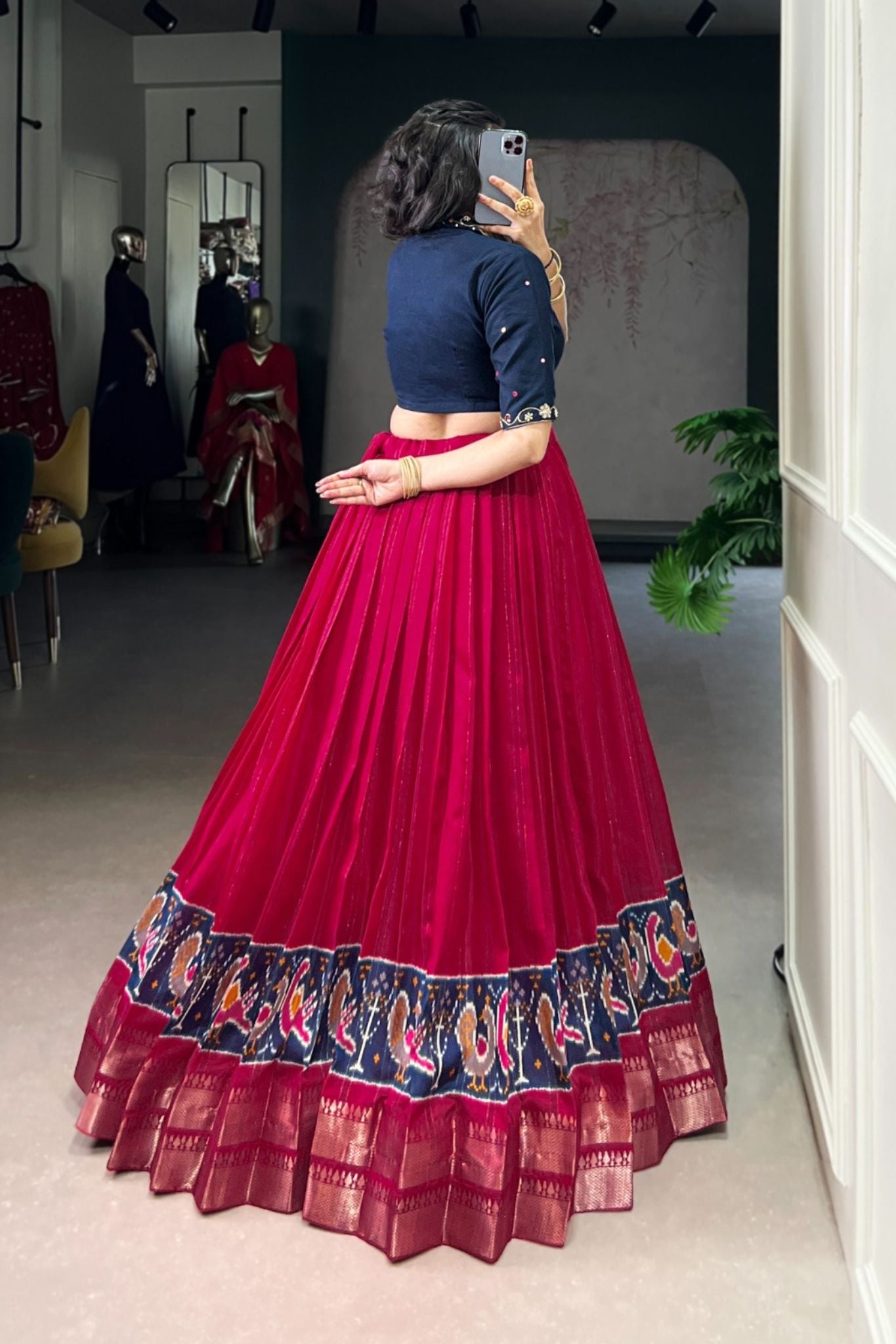 Ready-to-Wear Zari Woven Poly-Cotton Lehenga with Hand-Embroidered Cotton Blouse