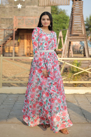 White Flower Printed Women Gown