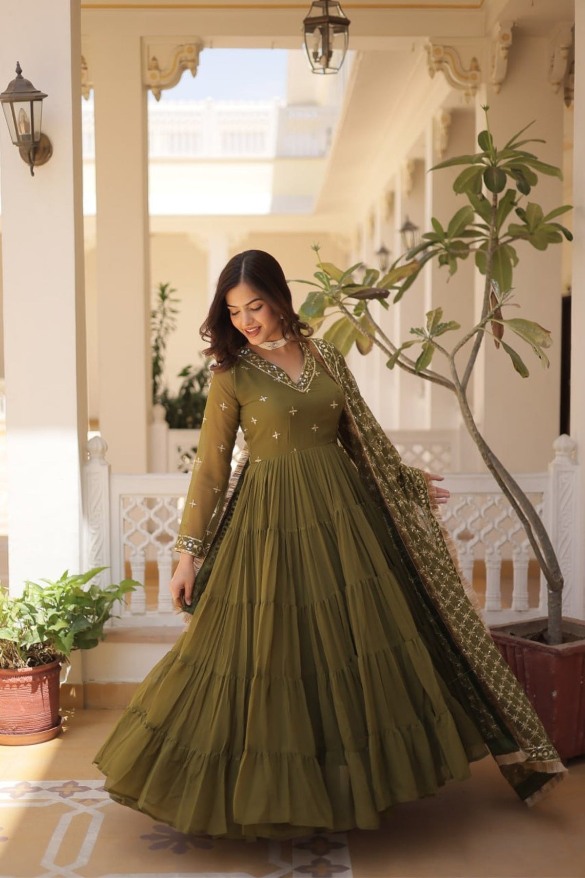 Stunning Designer Embroidered Work Gown With Dupatta Set