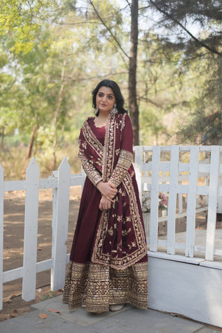 Stunning Premium Dark Maroon Anarkali Set