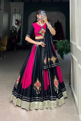 Pink And Black Pure Cotton Gamthi Work Chaniya Choli For Navratri