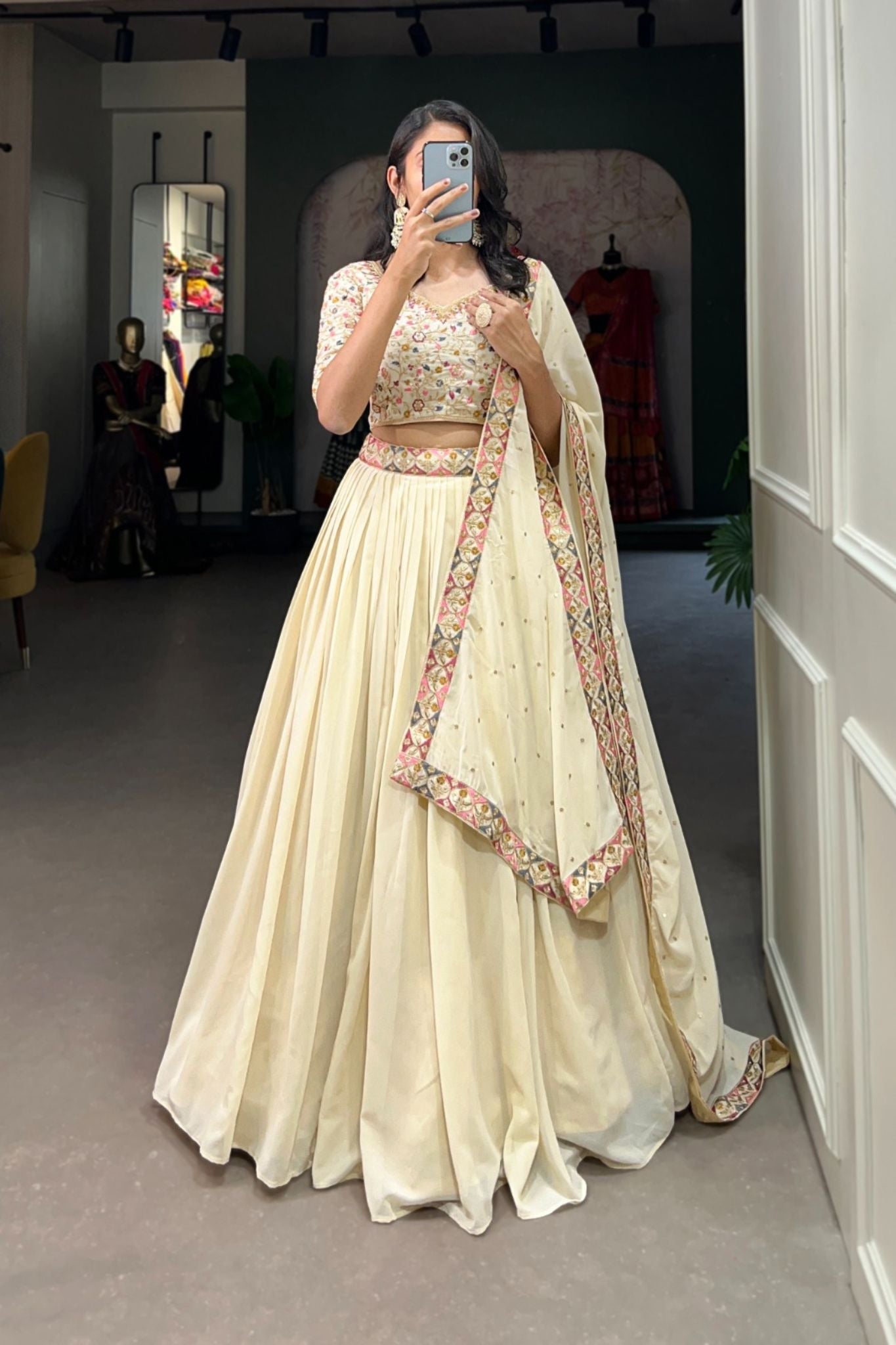 Off White Sequins Embroidery Work Lehenga Choli