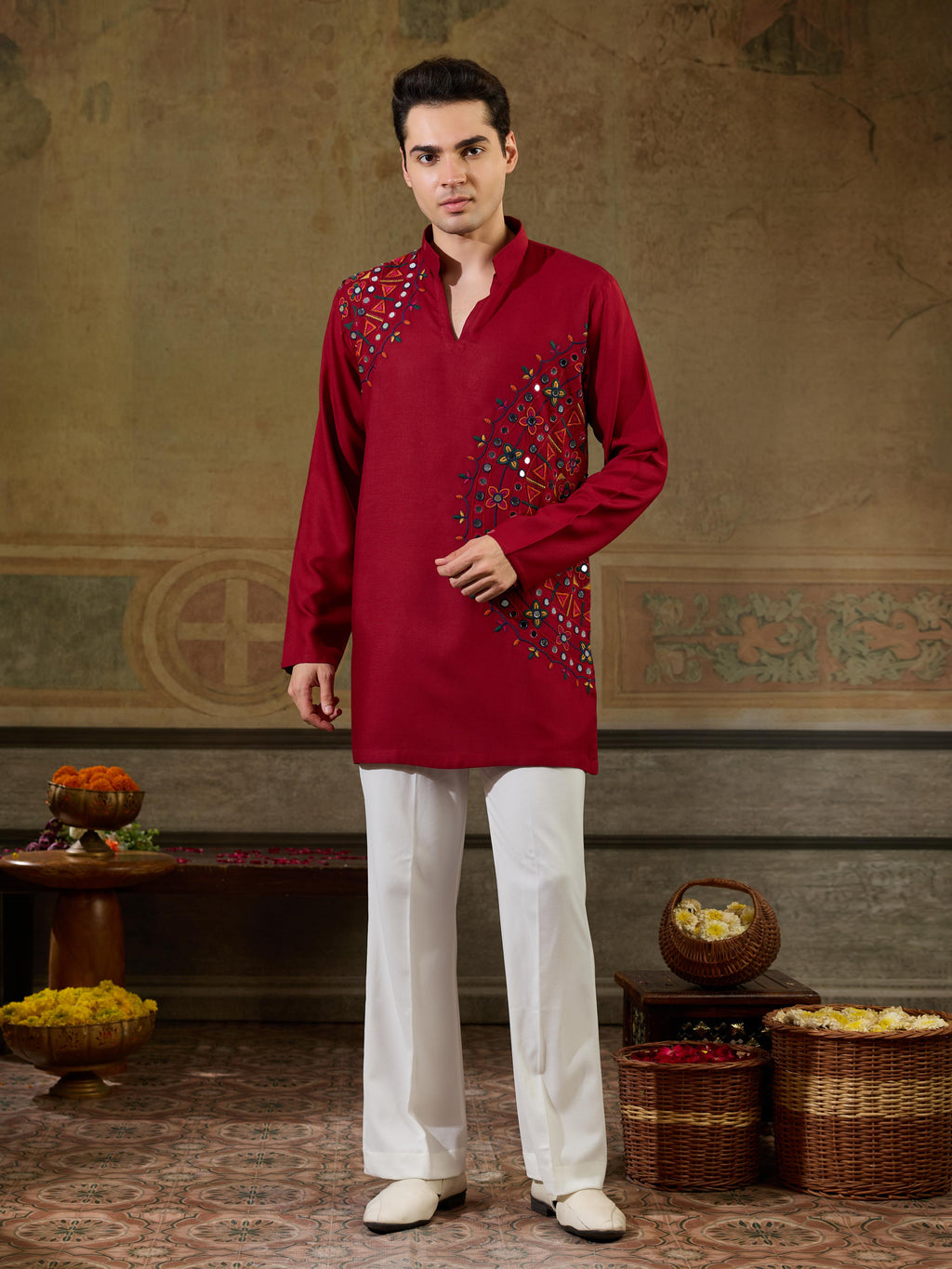 Royal Maroon Rayon V Neck Kurta Set | Tulip Designer