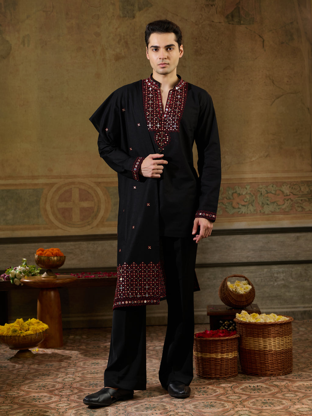 Black Rayon Mirror Work Kurta Dupatta Set | Tulip Designer