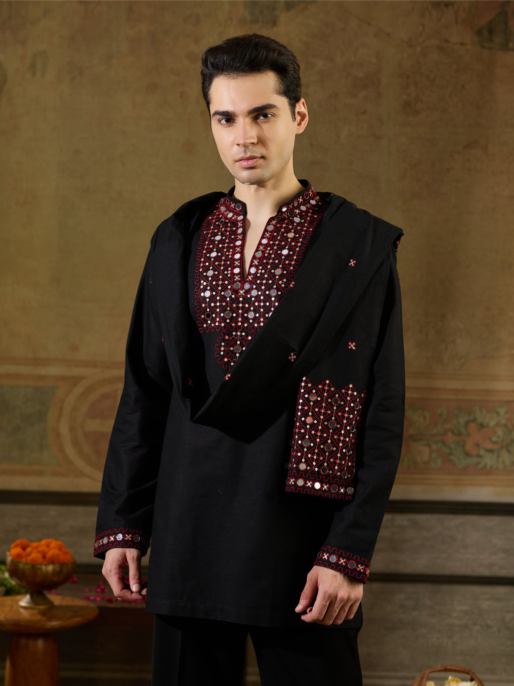 Black Rayon Mirror Work Kurta Dupatta Set | Tulip Designer