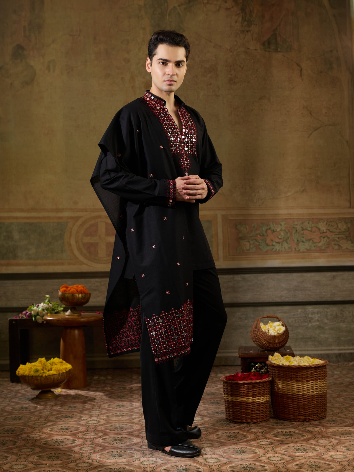 Black Rayon Mirror Work Kurta Dupatta Set | Tulip Designer