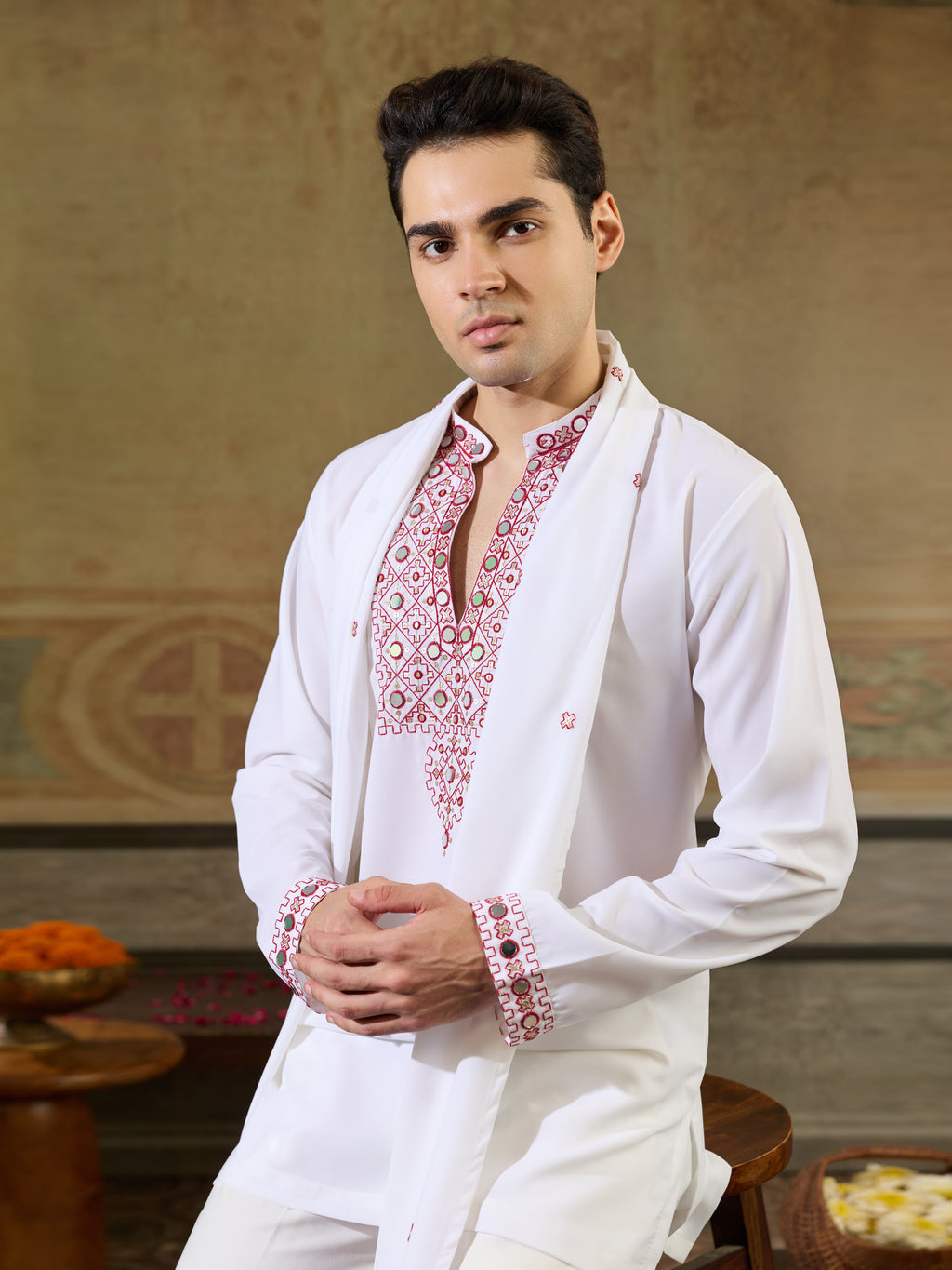 White Rayon Mirror Work Kurta Dupatta Set | Tulip Designer