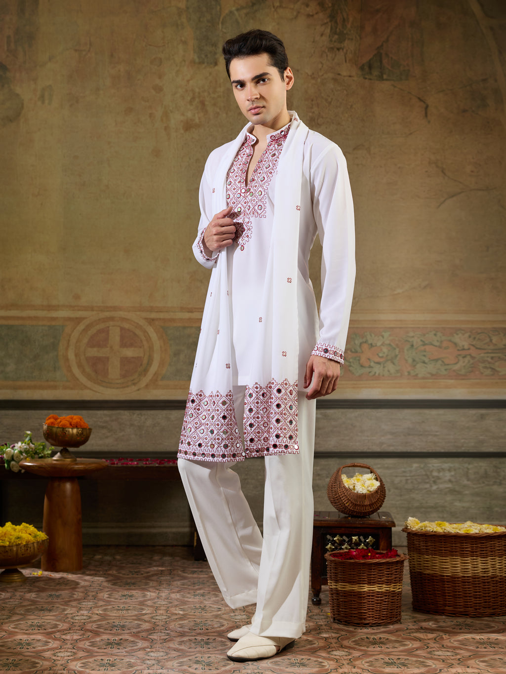 White Rayon Mirror Work Kurta Dupatta Set | Tulip Designer