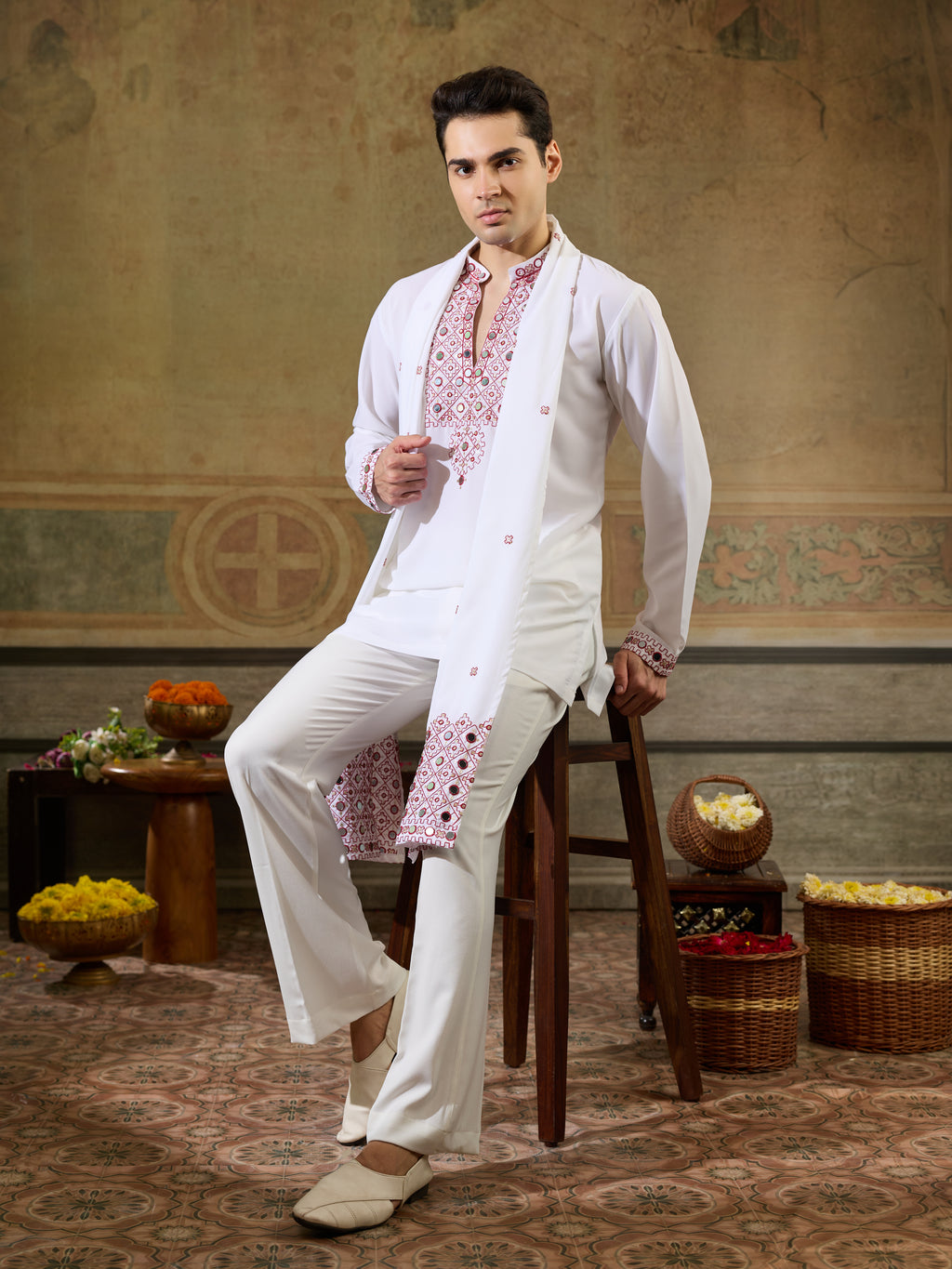 White Rayon Mirror Work Kurta Dupatta Set | Tulip Designer