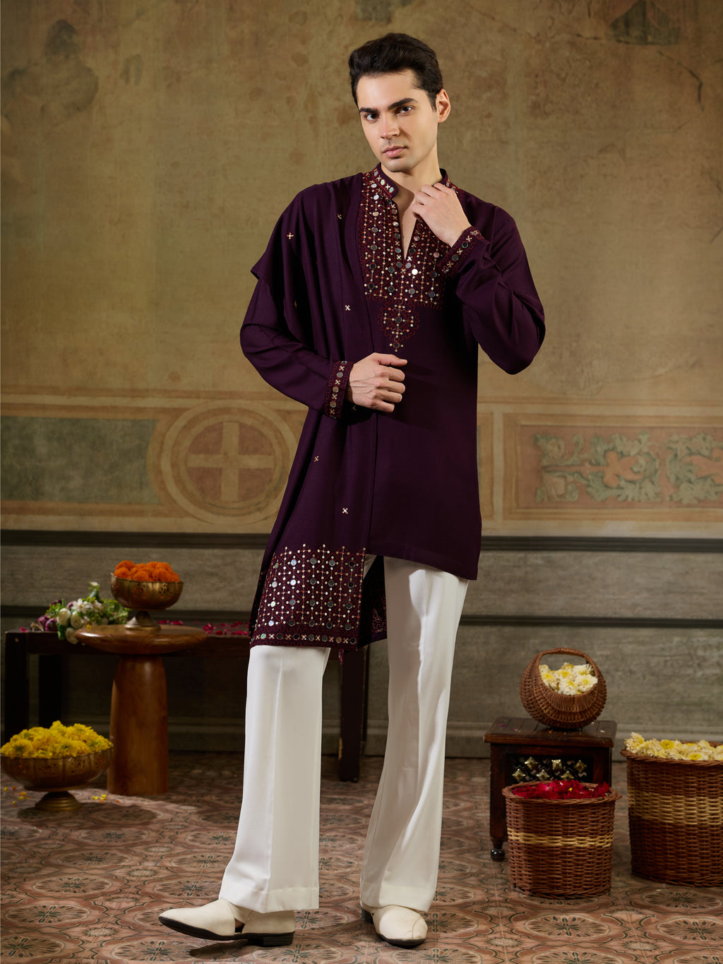 Wine Rayon Mirror Work Kurta Dupatta Set | Tulip Designer