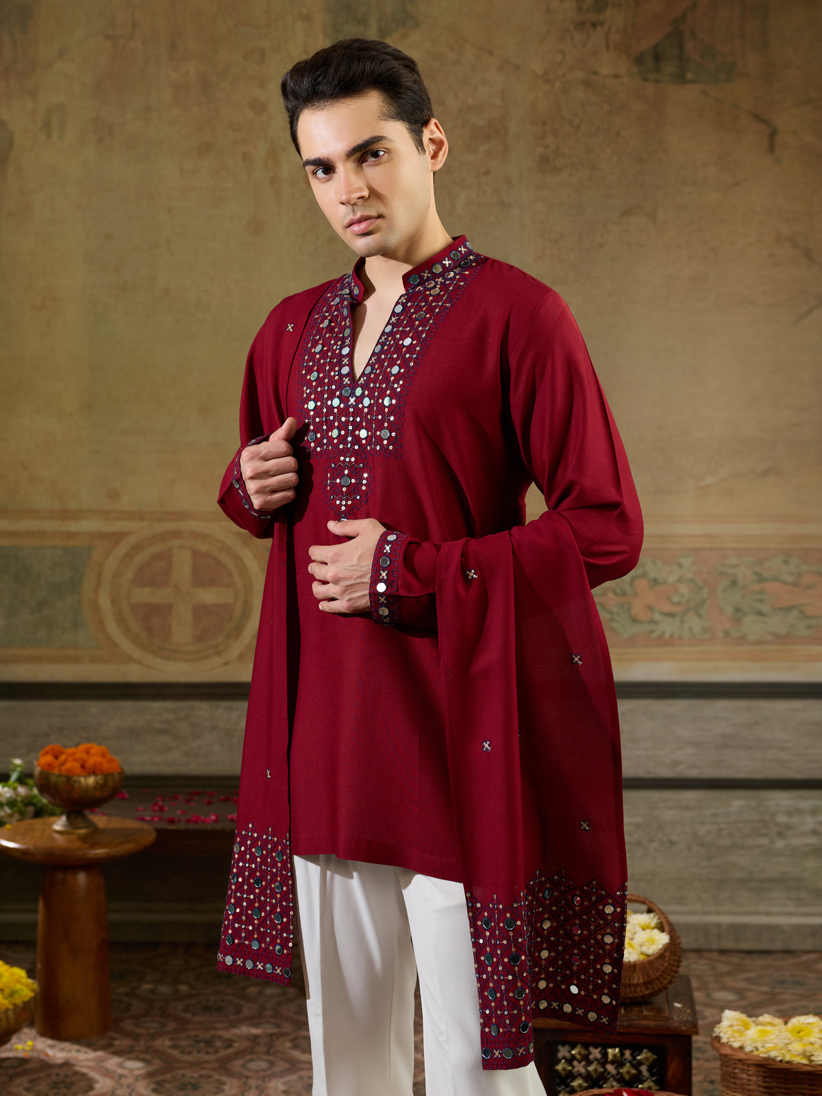 Maroon Rayon Mirror Work Kurta Dupatta Set | Tulip Designer