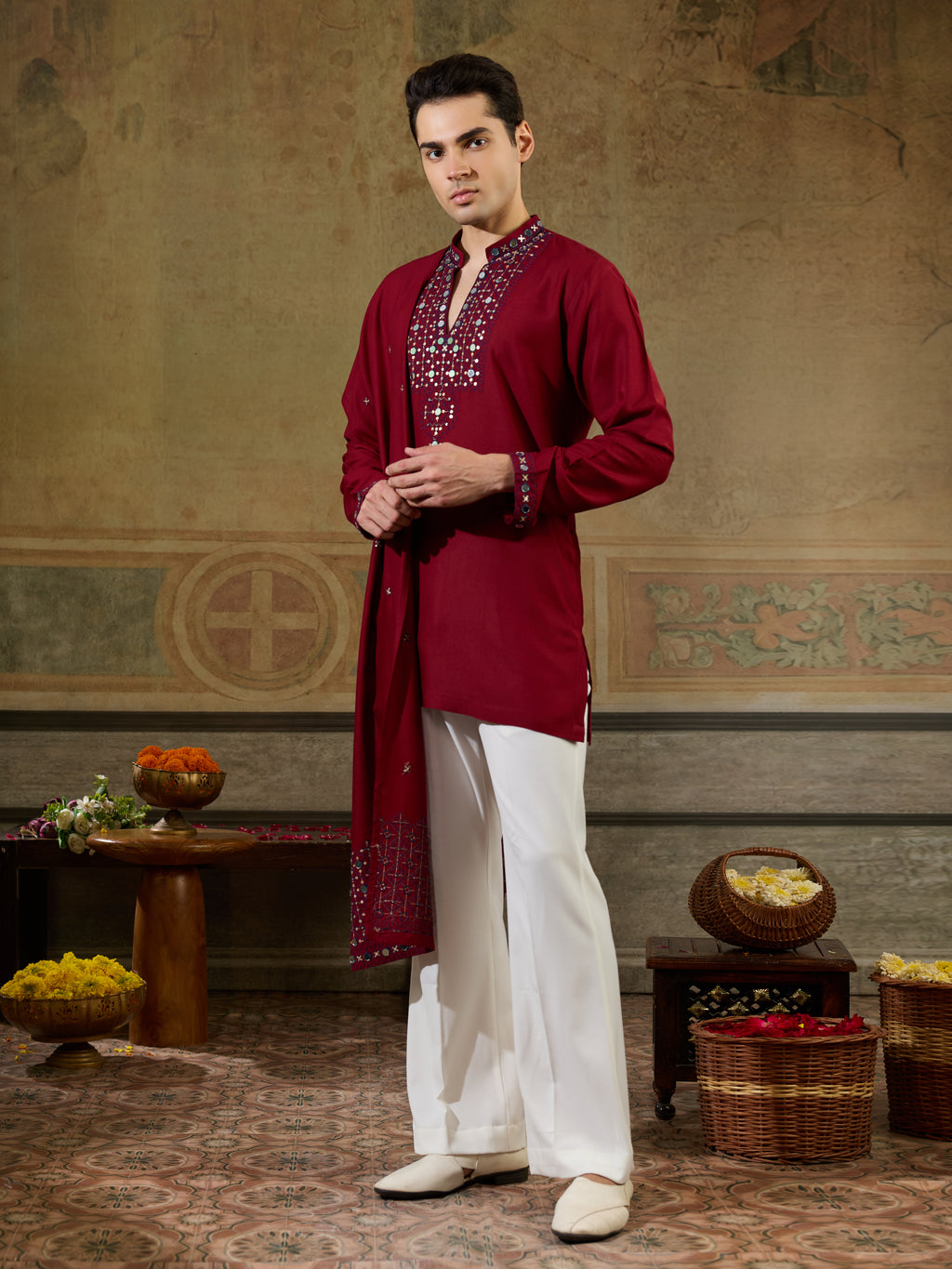 Maroon Rayon Mirror Work Kurta Dupatta Set | Tulip Designer
