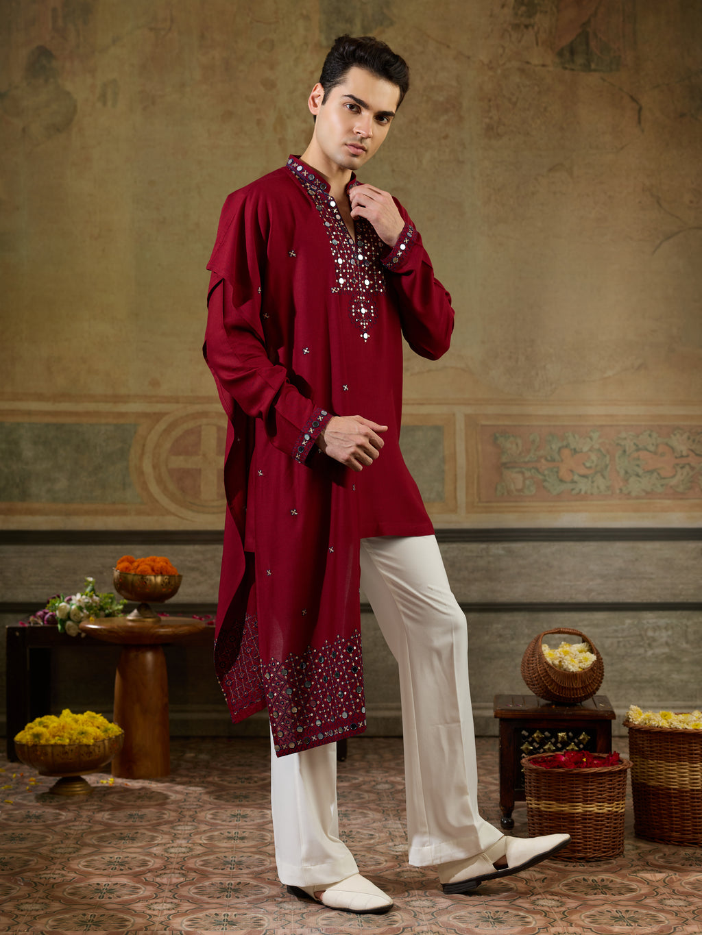 Maroon Rayon Mirror Work Kurta Dupatta Set | Tulip Designer