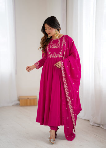 Dark Pink Pure Roman Chanderi Silk Anarkali Set with Dupatta For Women