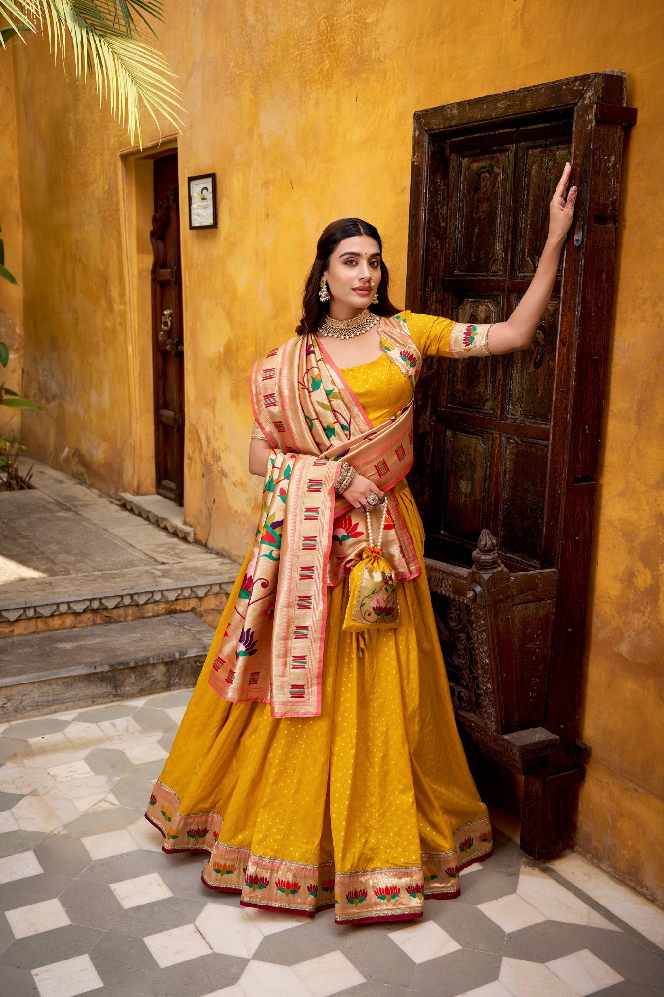 Designer Silk Paithani Lehenga Choli Set With Zari Weaving