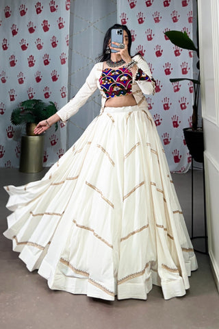 Elevate Navratri Style Original Mirror Gamthi Work With Sequins Lace Touch Up Lehenga Choli