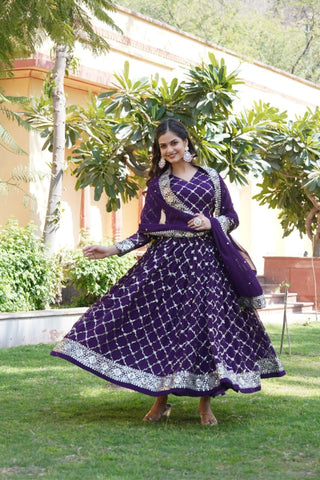 Purple Readymade Sequins Embroidered Work Gown With Dupatta Set