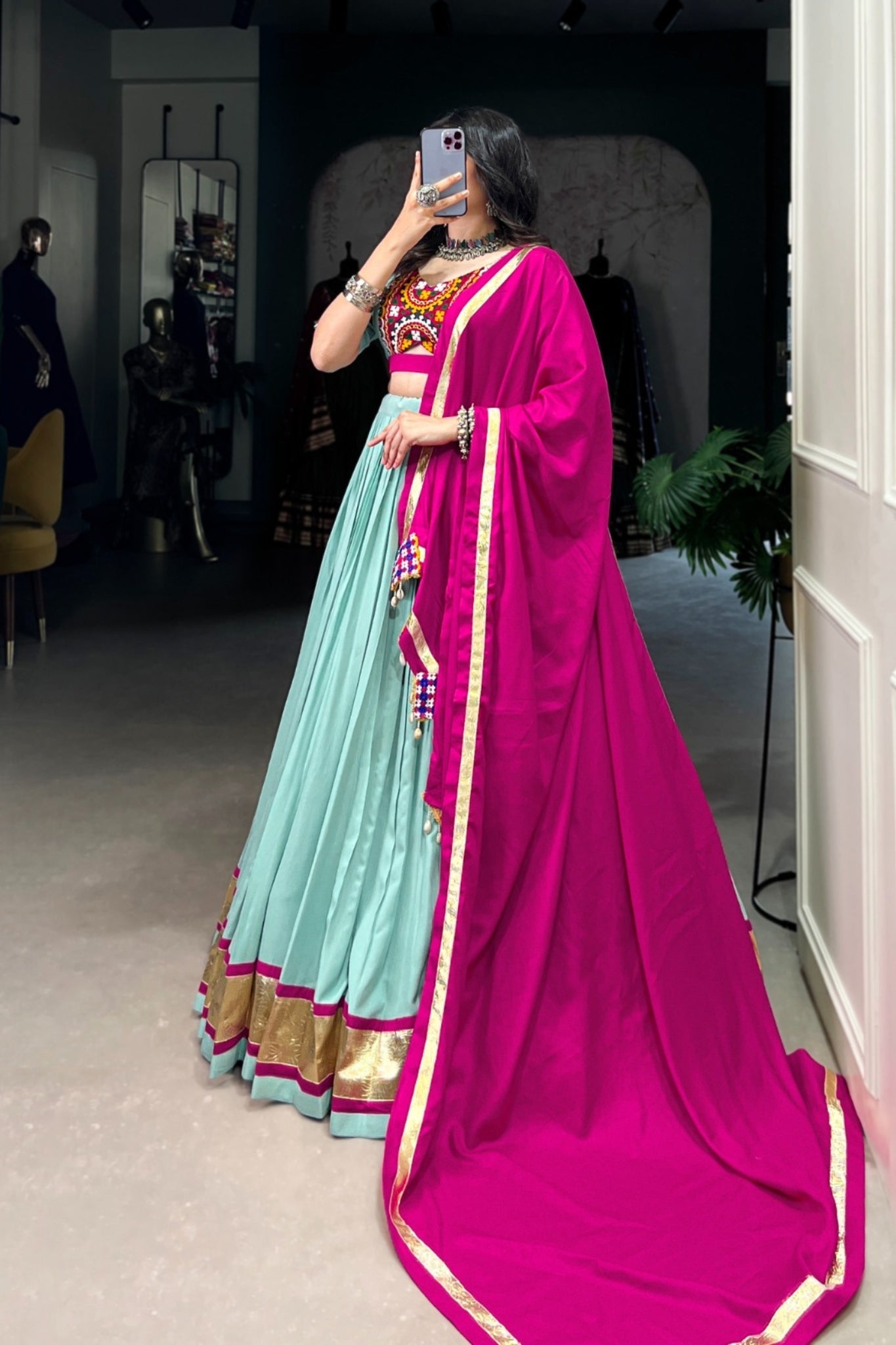 See Green Stunning Embossed Design Mirror Gamthi Work Readymade Navratri lehenga Choli