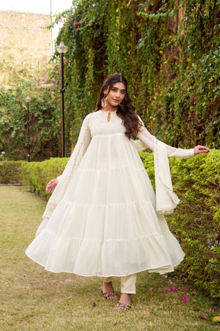 Ethereal Marble Refined Foil Work Anarkali Set With Flowing Dupatta