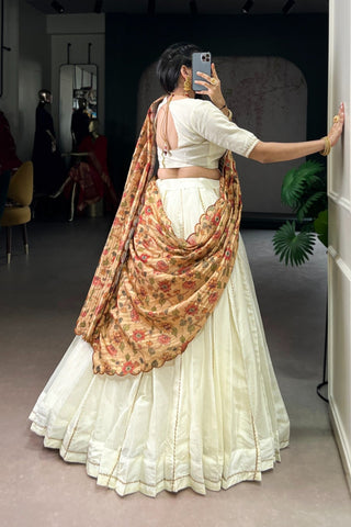 Ivory Kalamkari Handloom Kora Silk South Indian Lehenga Set