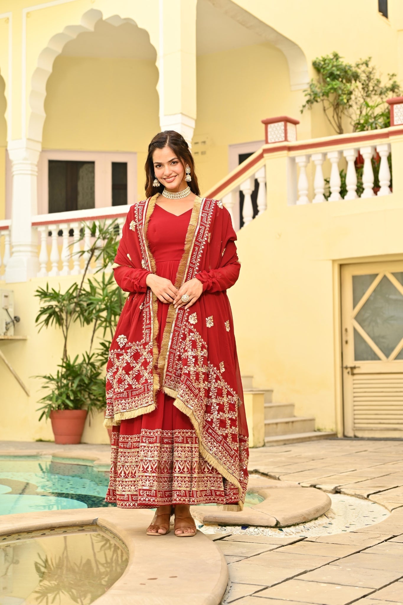 Red Embroidered Wedding Gown With Dupatta