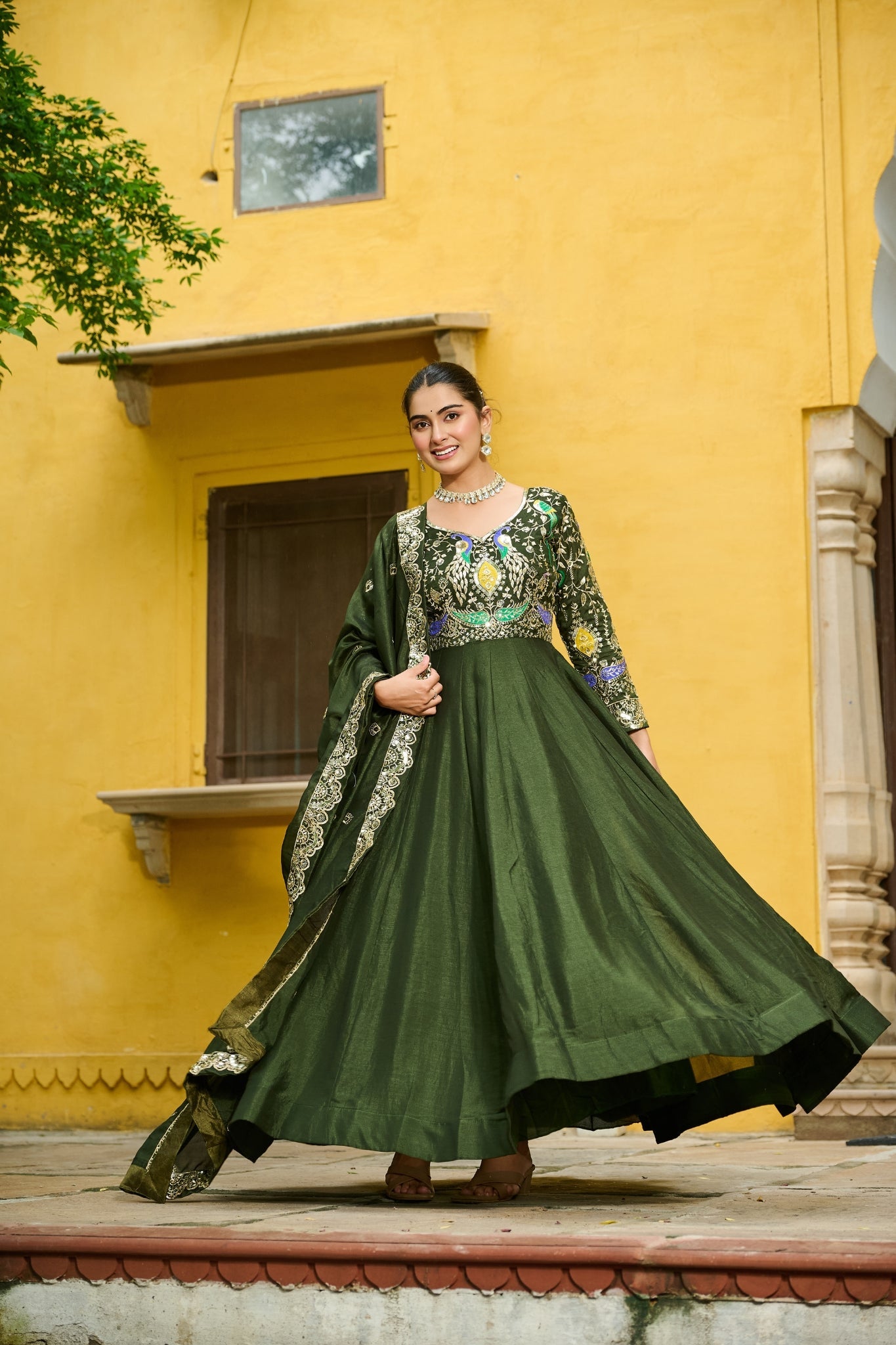 Beautiful Multi Tread Designer Special Wedding And Festive Gown With Dupatta Set