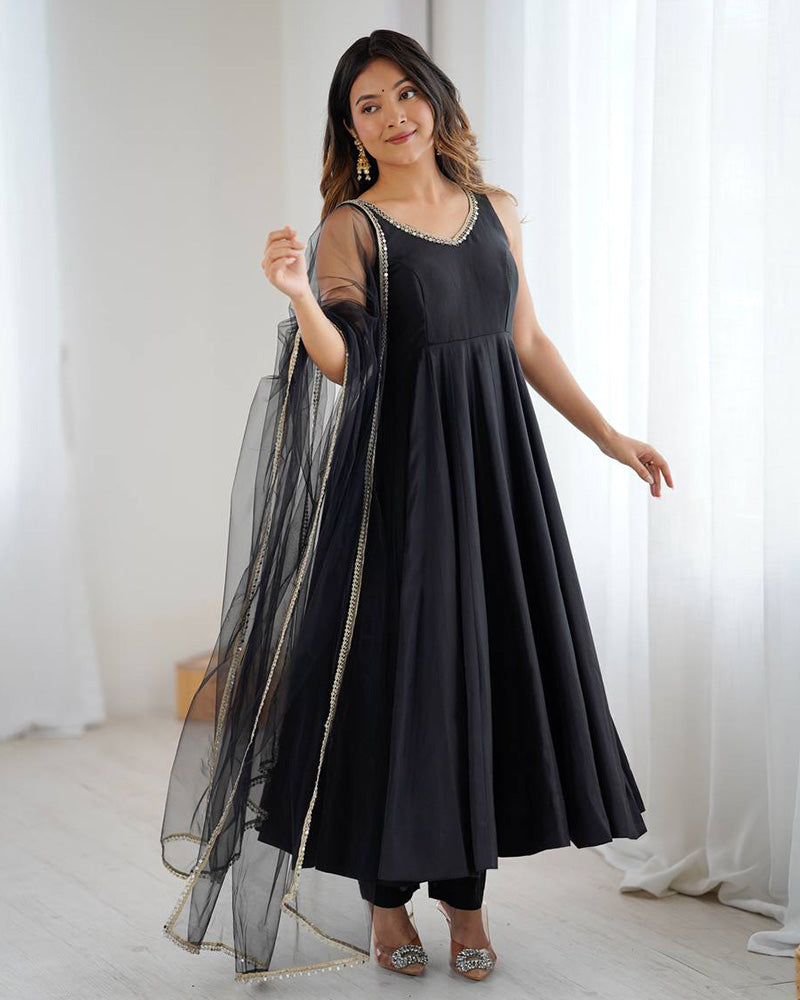 Black Color Chanderi Pure Roman Silk Anarkali Suit
