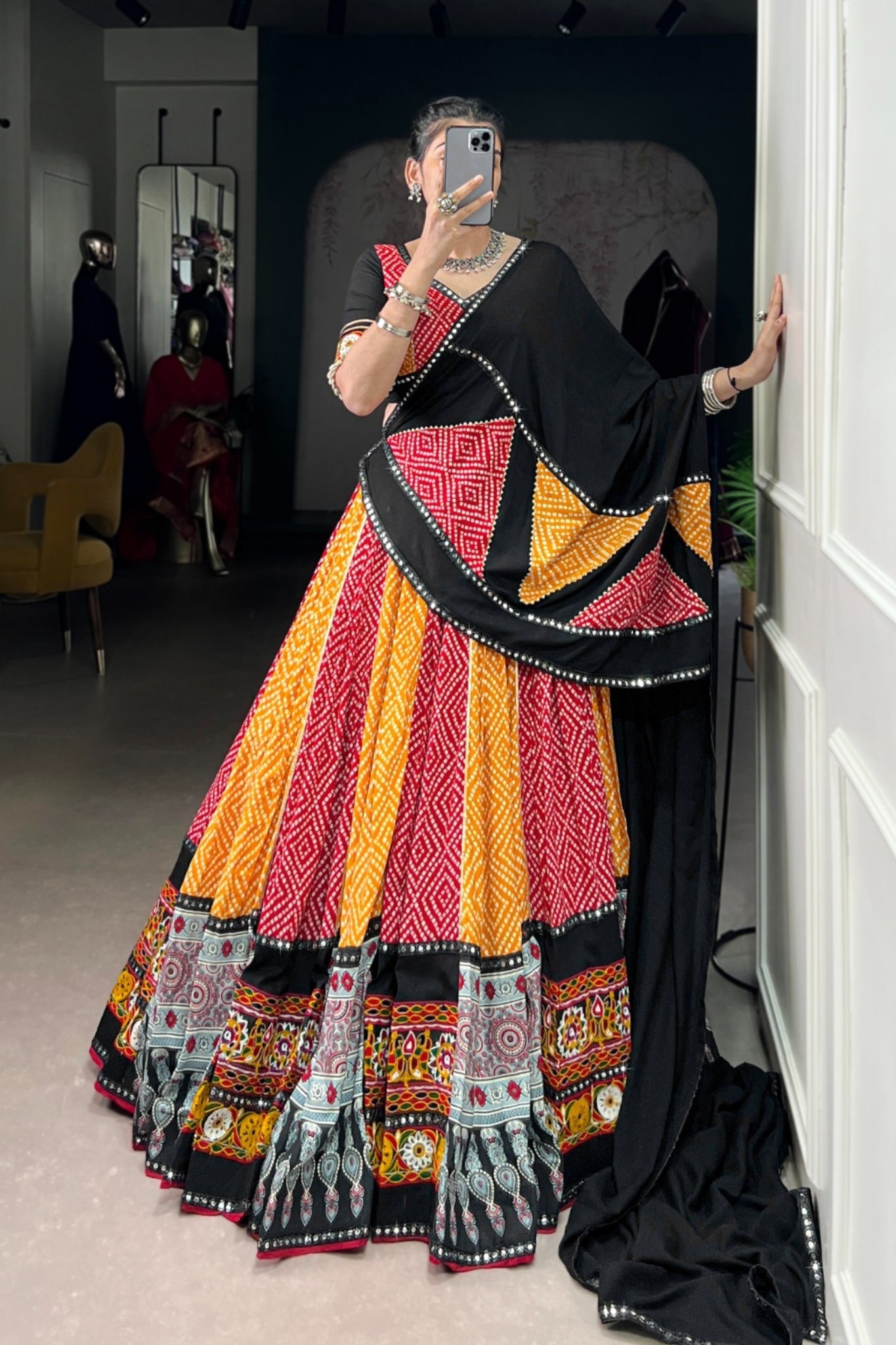 Navratri Special Pure Rayon Lehenga Choli With Ajrakh Print, Gamthi & Gota Patti Work