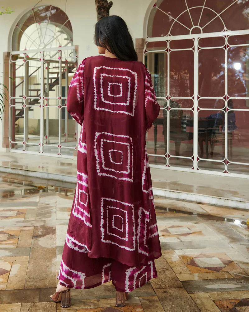 Wine Shibori Print Co-Ord Set-3 Piece
