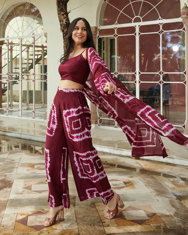 Wine Shibori Print Co-Ord Set-3 Piece