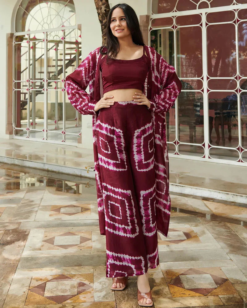 Wine Shibori Print Co-Ord Set-3 Piece