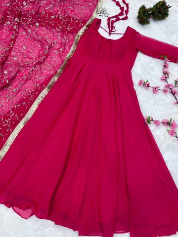 Rani Pink Color Pure Faux Georgette Kurti With Huge Flair Comes With Duppatta & Pant