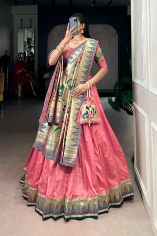Designer Silk Paithani Lehenga Choli Set With Zari Weaving