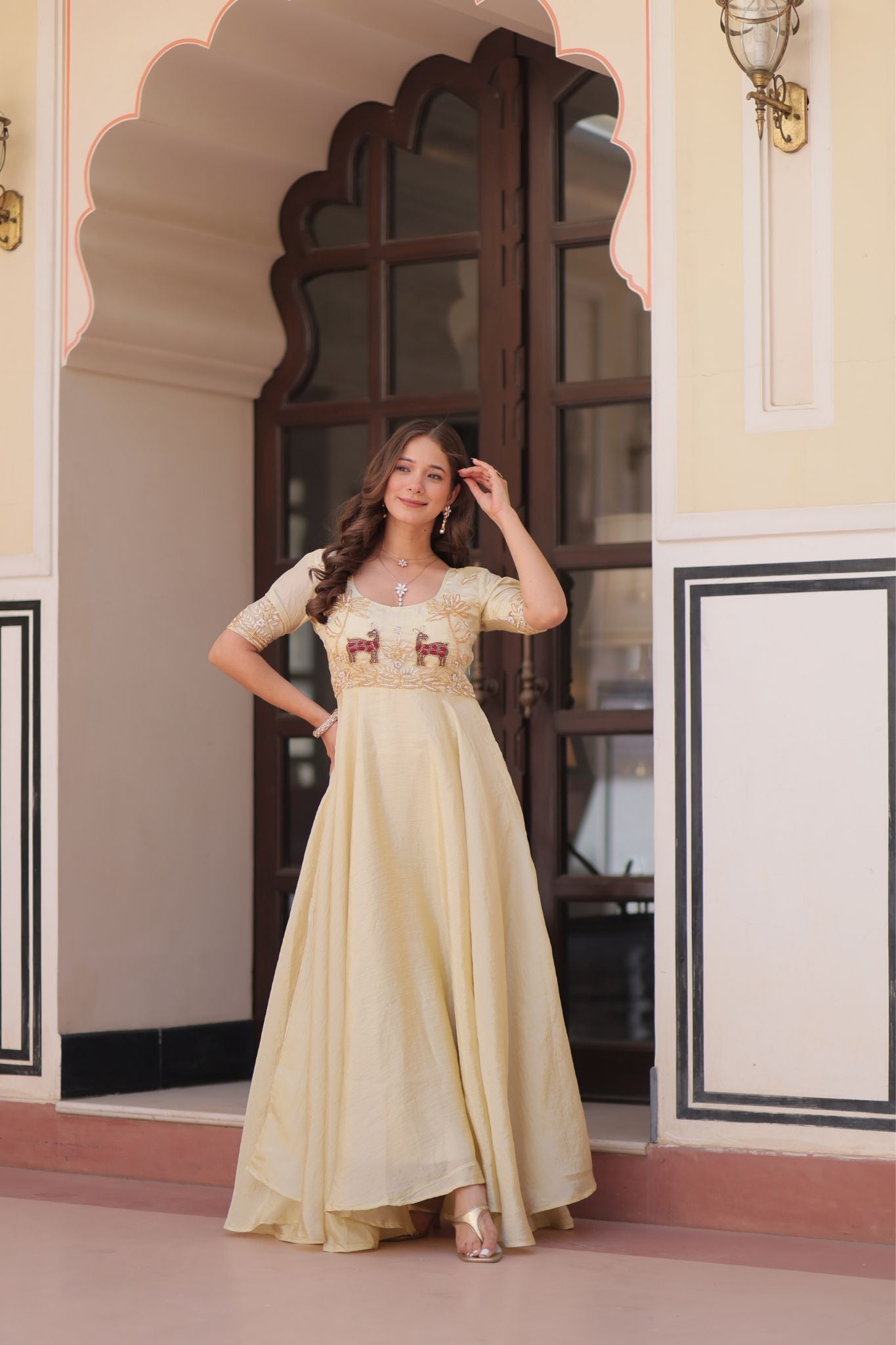 Gold Crush Beads Embroidered Work Crafted Designer Gown