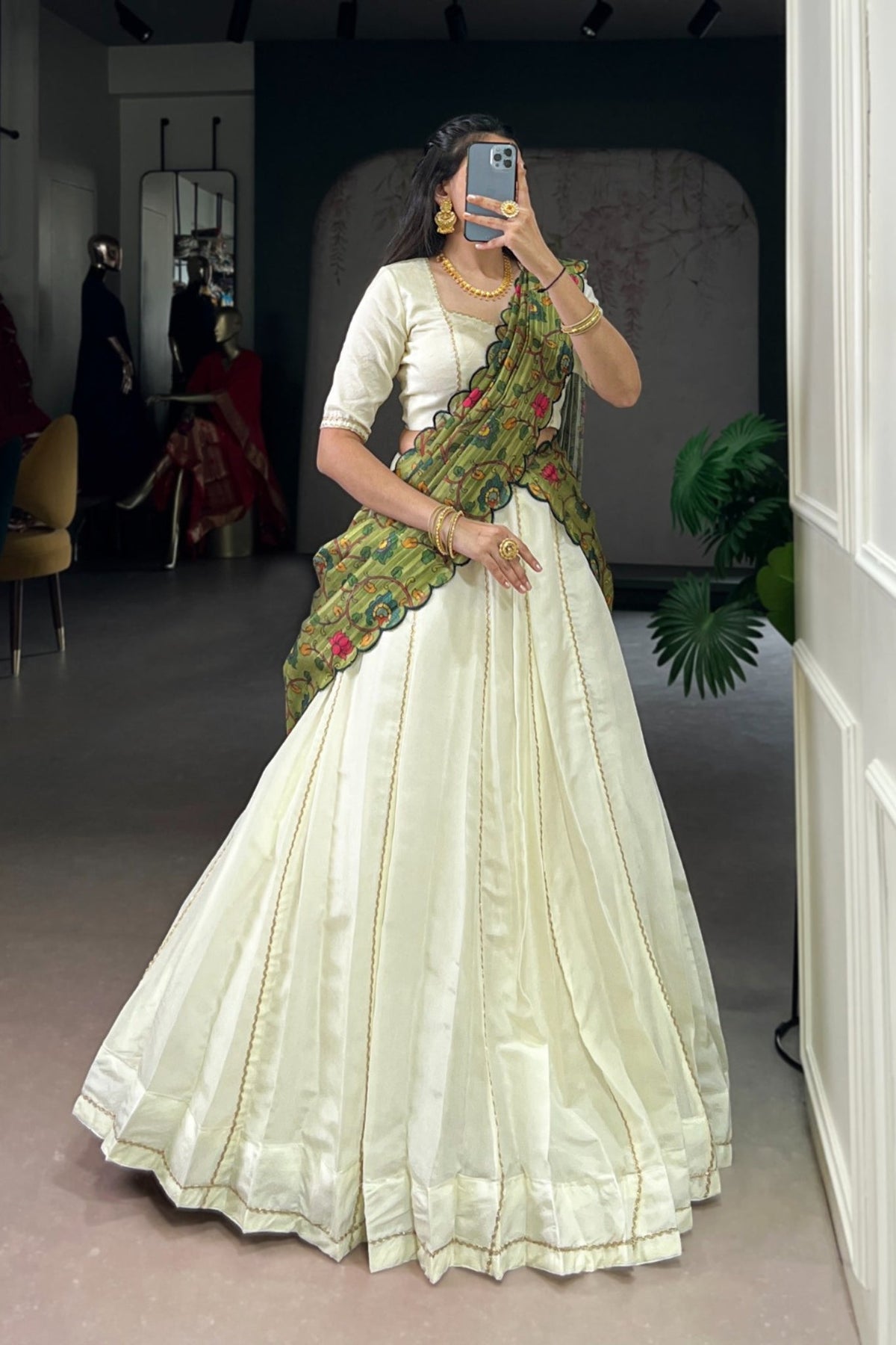 Ivory Kalamkari Handloom Kora Silk South Indian Lehenga Set