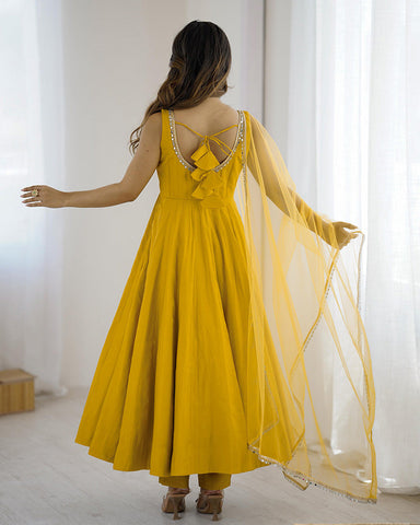 Yellow Color Chanderi Pure Roman Silk Anarkali Suit