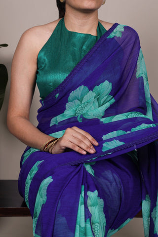 Floral Chiffon Saree With Lace Border Explore Acriine Ethnic Collection