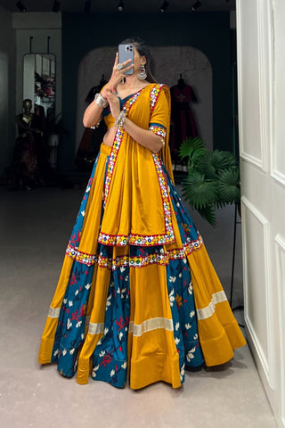 Rayon With Printed Silk Original Mirror Gamthi Work Lehenga Choli For Navratri