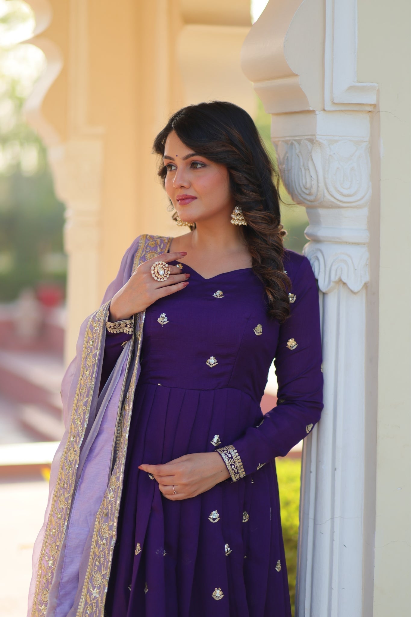 Purple Star Georgette With Embroidered Designer Gown