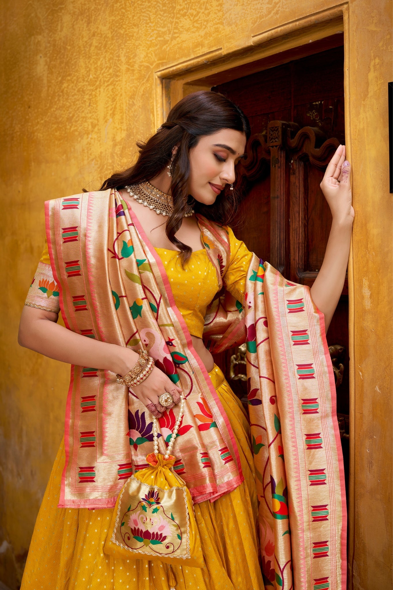 Designer Silk Paithani Lehenga Choli Set With Zari Weaving