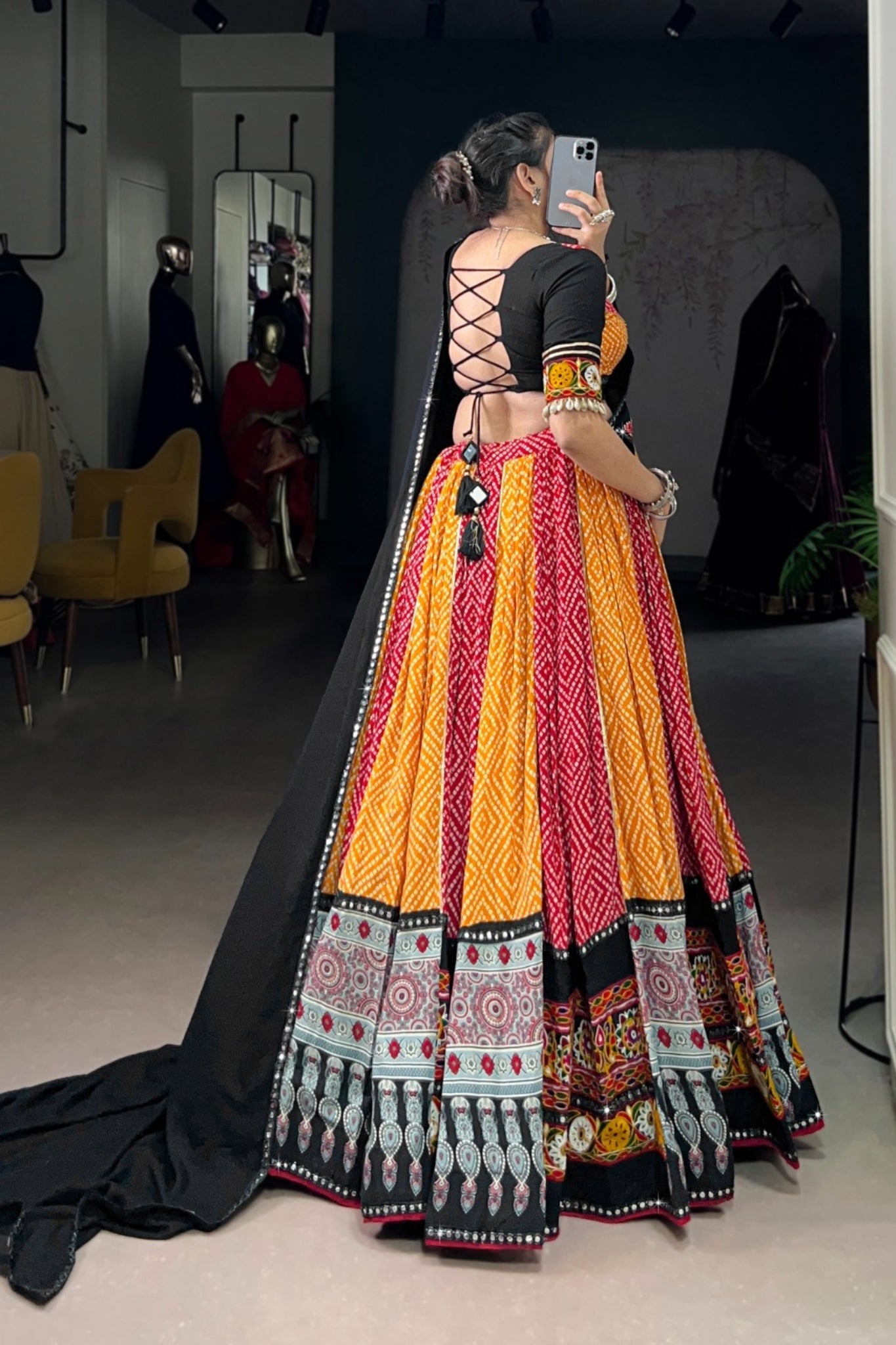 Navratri Special Pure Rayon Lehenga Choli With Ajrakh Print, Gamthi & Gota Patti Work