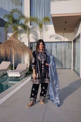 Luxury Designer Velvet Zari Embroidered Suit Set With Fendi Dupatta