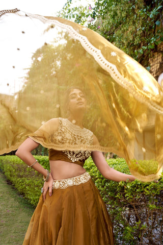 Modern Royalty Olive Chanda Silk Lehenga Set With Refined Thread Artistry