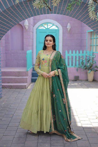 The Beauty of Georgette Embroidered Threadwork Gown with Dupatta