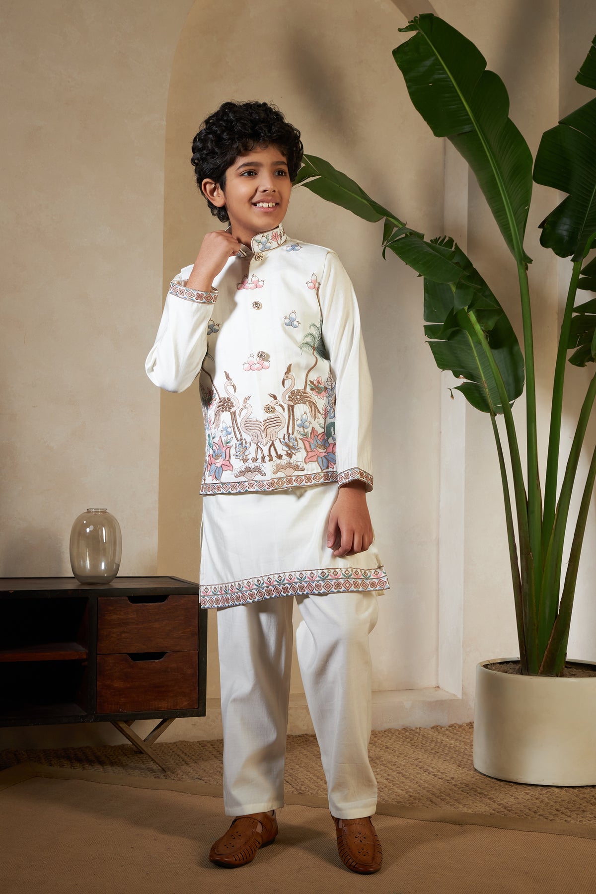 White Embroidered Koti Kurta Set for Boys