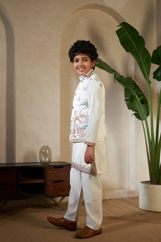 White Embroidered Koti Kurta Set for Boys