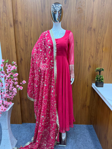 Rani Pink Color Pure Faux Georgette Kurti With Huge Flair Comes With Duppatta & Pant